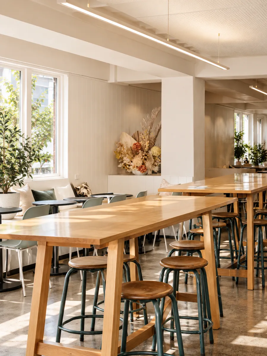 The bright dining room and long table inside Albion Canteen