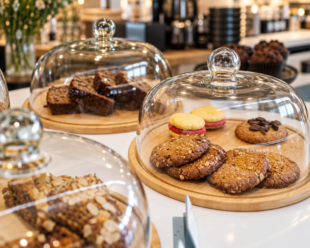 Cookies and colourful baking beneath glass covers