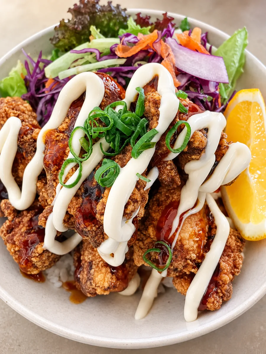 Crispy fried chicken with salad, sauce and citrus