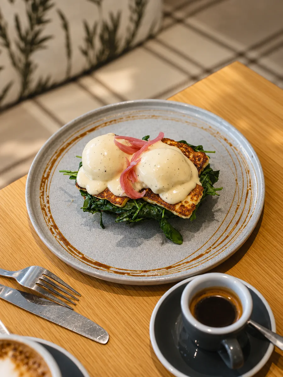 Eggs with creamy sauce, greens and pickled onions on a plate