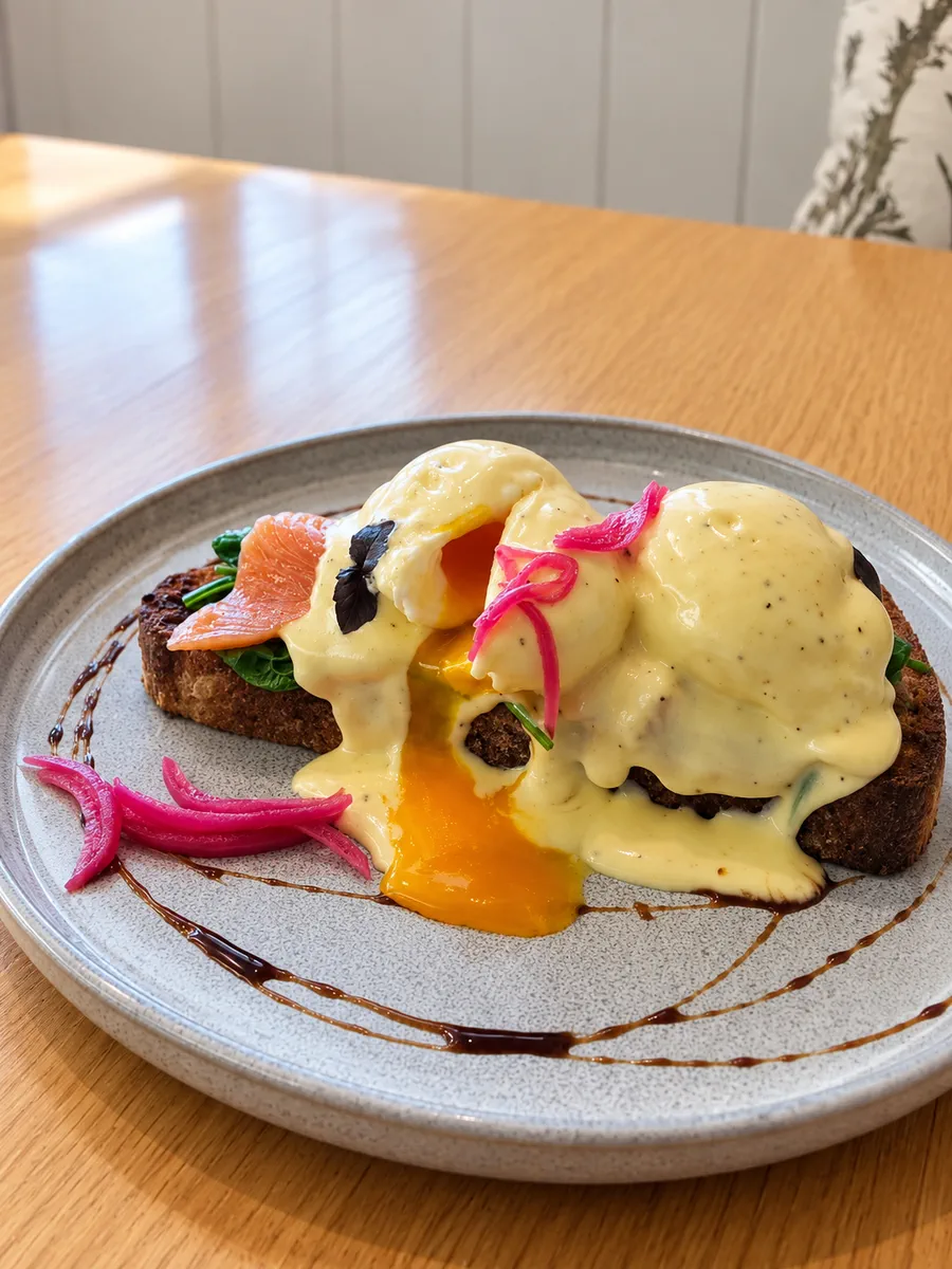 Eggs Benedict with house cured salmon