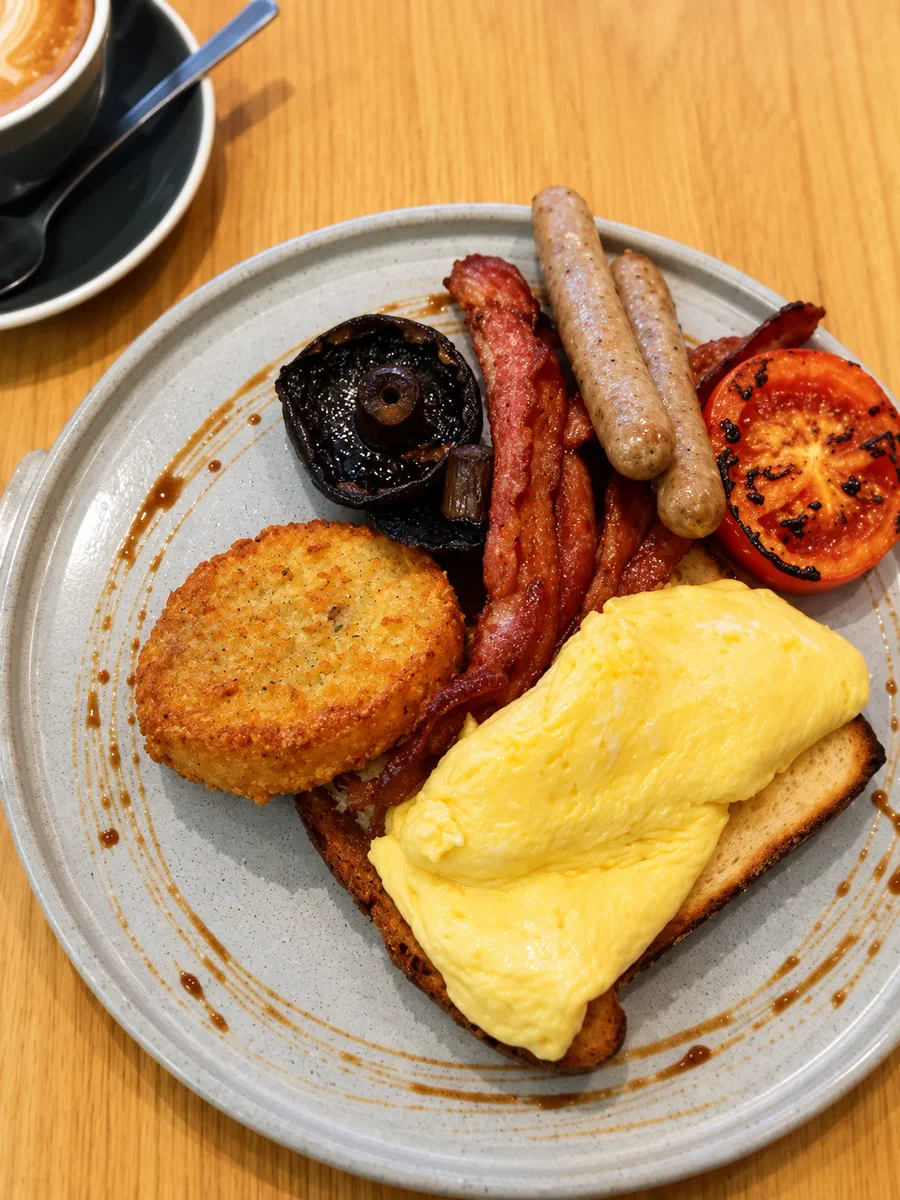 Albion breakfast with eggs, bacon, sausage and hash brown