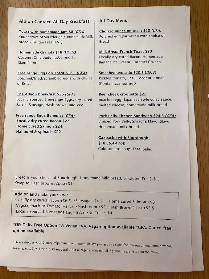 Albion Canteen full menu with all day breakfast and lunch dishes